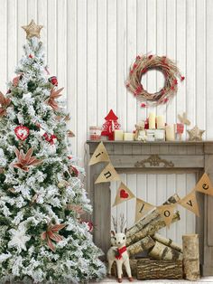 Rustic White Christmas Tree and Fireplace Photography Backdrop - Rustic white Christmas tree with burlap bows and a fireplace backdrop Bedrooms Decorations, Ideas Decoracion Navidad, Fireplace White, Photo Studio Backdrop, Christmas Tree And Fireplace, Christmas Backdrops For Photography, Theme Bedrooms, Cottage Prints, Rustic Decorating