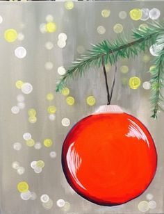 an acrylic painting of a red ornament hanging from a christmas tree