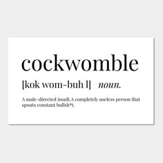 the words cockwomble are in black and white