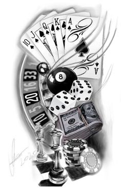 a black and white drawing of a clock with playing cards, dice, and money