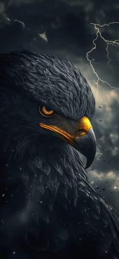 an eagle with lightning in the background