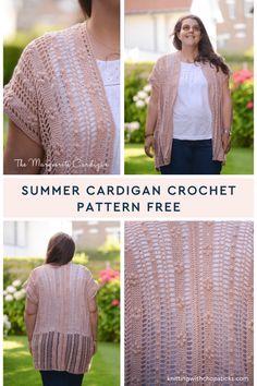 the crochet summer cardigan is shown in three different photos and has text that reads