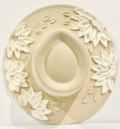 Luxury Hats With Handmade Flowers For Women, Luxury Women's Hats With Handmade Flowers, Luxury Custom White Hats, Boho Hand Painted Hats, Dried Flowers Hat Band, Whimsical Fedora For Kentucky Derby, Cream Western Fedora For Spring, Bohemian Cream Felt Hat For Spring, Cream Curved Brim Felt Hat For Spring