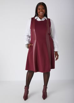 Command attention in our ponte dress. This chic piece features a flattering A-line skirt and contrasting faux leather panels that ass an edgy vibe. Cute Dresses Plus Size, Leather Dress Plus Size, A Line Dress Plus Size, Plus Size Semi Formal, Plus Size Work Dresses, 2025 Outfits, Bridal Stylist, Semi Formal Attire, Plus Size Trendy