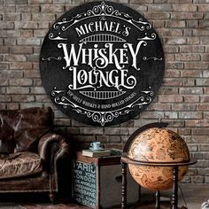 Bar Sign_Whiskey Sign on black round metal with family name and words: Whiskey Lounge Whiskey Signs, Whisky Room, Lounge Sign, Speakeasy Decor, Home Basement, Whiskey Lounge, Tiki Bar Signs, Whiskey Room, Bourbon Tasting