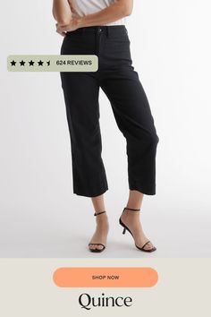 These stretch cotton twill high-waisted wide-leg pants are perfect to pair with shorter tops. Featuring a flattering cropped length, they're soft with a bit of stretch for extra comfort and the perfect fit.  | Quince | Women's Cropped Wide-Leg Chino Pants in Black, Stretch Cotton Twill, Size 29 Wide Leg Crop Pants, Wide Leg Cropped Pants, Chino Pants, Black Stretch, Chinos Pants, Quince, Workout Pants, Cropped Pants, Short Tops