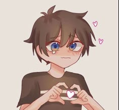 a drawing of a boy with blue eyes and brown hair holding a heart in his hands