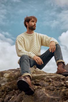 Inisheer Cream Traditional Aran Mens Sweater | Aran Woollen Mills Irish Style Men, Man Fall Outfit, Aran Stitches, Mens Fall Outfits, Sweater Outfits Men, Aran Sweater, Fall Outfits Men, Fisherman Sweater, Irish Men