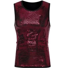 This shiny sleeveless shirt has a sequin pattern, crew neck, glitter design, and shiny party metallic tank tops. The glitter sequin metallic tank tops can make your outfit more trendy and eye-catching. You can pair the sequin tank tops with slim trousers, mesh t-shirts, and leather sneakers for fashion shows, parties, and summer celebrations. Shiny Sleeveless Club Tops, Shiny Sleeveless Top For Club, Shiny Sleeveless Top For Night Out, Sleeveless Shiny Top For Night Out, Shiny Sleeveless Tank Top For Party, Shiny Top For Club And Party Season, Shiny Stretch Sleeveless Tank Top, Fitted Sleeveless Shiny Top, Glamorous Tank Top For Party Season