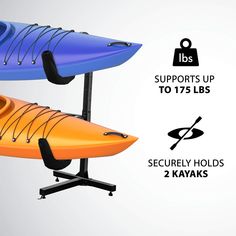 there are two kayaks on the stand and one is blue, orange and yellow