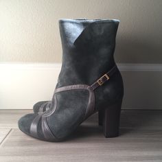 Size 36 1/2 Chie Mihara Boots. Slate/Teal Suede With Dark Taupe Leather Detail And Non-Functional Antique Gold Buckle. Tonal Zip. Almond Toe. Stacked Heel Measures 3 1/4”, Boot Measures 9 3/8” Tall From Bottom Of Heel To Top Of Shaft. Made In Spain. Elegant Green Ankle Boots, Elegant Green Round Toe Heeled Boots, Elegant Green Heeled Boots With Round Toe, Elegant Green Boots With Round Toe, Mihara Shoes, Chie Mihara Shoes, Embossed Boots, Leather Knee Boots, Taupe Leather