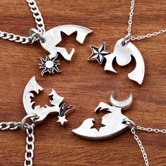 This 4 piece necklace set features a different astronomical body for piece on each necklace. The fine details are engraved, then we hand cut each piece so they all fit together like a puzzle. We made our Interlocking designs because we wanted to create something that unites people. Either friends or family. Each person gets a piece and every time they look at it, they feel the togetherness and friendship. Feel free to message us directly through Etsy for Custom Design possibilities and quotes. 4 Person Friendship Necklace, 4 Bff Necklaces, Friendship Jewelry For Four, 4 Best Friend Necklaces, Necklaces For Friends, 4 Friends Necklace, 4 Way Friendship Necklace, Best Friend Bracelets For 4, Trio Friendship Necklace