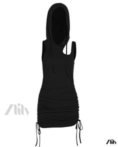 Zlily - Solid Color Slim Fit Hooded Sleeveless Pleated Dress - Fashionable and Stylish Fitted Drawstring Tank Top, Fitted Drawstring Sleeveless Tank Top, Fitted Sleeveless Tank Top With Drawstring, Stretch Sleeveless Tank Top With Drawstring, Sleeveless Drawstring Tank Top, Trendy Sleeveless Drawstring Tank Top, Trendy Sleeveless Tank Top With Drawstring, Spring Sleeveless Drawstring Tank Top, Spring Sleeveless Tank Top With Drawstring