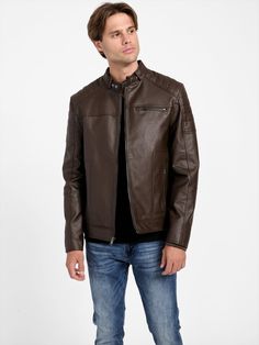 Davino Faux-Leather Hooded Moto Jacket | Factory US Brown Casual Leather Jacket With Padded Collar, Fall Hooded Leather Jacket With Padded Collar, Casual Brown Leather Jacket With Padded Collar, Leather Outerwear For Fall Urban Adventures, Casual Leather Outerwear With Detachable Hood, Brown Hooded Biker Jacket With Zipper Closure, Hooded Leather Outerwear For Spring, Leather Biker Jacket With Double-lined Hood For Fall, Leather Biker Jacket For Spring Outdoor