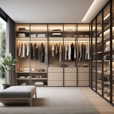 a walk in closet filled with lots of clothes and shoes next to a large window