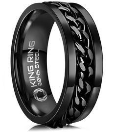 men's black wedding band with an intricate design in the center and white lettering