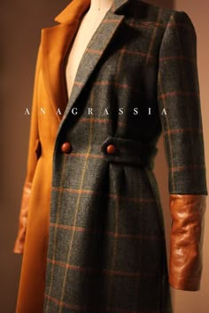 Tweed Coat for Women This pleated waist and knee-length coat is a timeless piece, handmade by Mary Grace Godfrey and will be as memorable in ten years as the first time it is worn. A stunning addition to the Anagrassia Atelier, the coat's high quality English tweed, English gold satin wool, and Italian leather cuffs literally bring the warmth of the fall and holiday season.  See chart for standard sizing. If you are unsure of a size or need petite/tall sizing, please email Mary Grace your measur Plaid Outerwear, Plaid Wool Coat, Knee Length Coat, Nyfw Street Style, Color Block Jacket, Coat For Women, Tweed Coat, Custom Jacket, Gold Satin