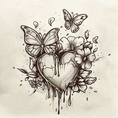 a heart tattoo with butterflies and flowers on the side, in front of a white background