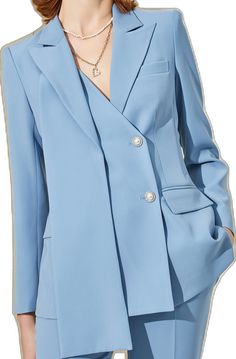 Formal Blue V-neck Outerwear, Chic Workwear Skirt Suit With Pockets, Elegant V-neck Blazer Dress For Career, Single-breasted V-neck Spring Blazer, Elegant Notched Blazer Dress With Single Button, Chic Suits With Button Closure And Notched Lapels, Blue Double-breasted Suits For Office, V-neck Blazer Dress With Pockets, Chic Notched Suit With Button Closure