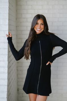 Experience comfort and style with black sleeveless knit dress. The front zip up closure adds a touch of edge while keeping you effortlessly chic. Perfect for any occasion! 50% viscose, 28% polyester, 22% nylon Model is 5'6" with a 35" bust, 26" waist, and 36" hips and wearing a small. Size recs: 0-2 S 4 M 6 L Sleeveless Knit Dress, Sore Eyes, Maxi Tops, Sleeveless Knit, Dresses By Length, Short Rompers, Black Sleeveless, Set Dress, Knit Dress