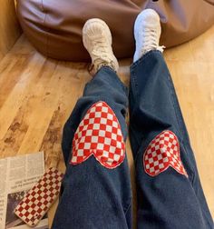 Denim Patchwork Jeans, Statement Pants, Baggy Streetwear, Red Checkered, Heart Patches, Patterned Jeans, Patchwork Jeans, Long Jeans, Girls Denim