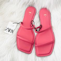 Size Eu 40 / Usa 9 New With Tags! Pink Flat Sandals For Day Out, Trendy Zara Sandals For Vacation, Zara Open Toe Sandals For Spring, Zara Pink Sandals For Spring, Pink Open Toe Sandals For Day Out, Chic Pink Sandals For Day Out, Zara Sandals With Single Toe Strap For Spring, Zara Synthetic Sandals For Summer, Zara Flat Sandals For Summer