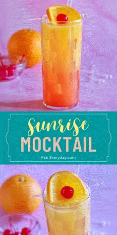 an orange drink with a cherry garnish on top and the words sunrise mock cocktail