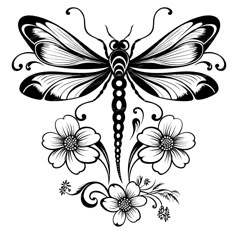 a black and white drawing of a dragonfly with flowers on it's back