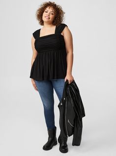 FIT Model is 5'10” wearing size 1. Measures 30” from shoulder (size 2). . MATERIALS + CARE Mesh knit fabric. . 92% nylon, 8% spandex. . Machine wash cold. Line dry. . Imported. DETAILS Square neckline. . Sleeveless. Shirring. The best plus size women's stretch mesh square neck shirred peplum sleeveless & tank tops in deep black made of mesh. Rock your look from Torrid to Festivals like Coachella and Lollapalooza, a concert, a show, or just for fun! Torrid is your destination for cozy fall and wi Black Beachwear, Disney Leggings, Shoes For Leggings, Summer Lookbook, Easter Outfit, Sweaters And Jeans, Deep Black, Urban Outfits, Winter Clothes