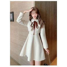 Solid Lace-up Bow Tie Peter Pan Collar Fake 2 Piece Woolen Dress BE120 S: Length:85CM, Bust:86CM, Waist:70CM,Shoulder:35CM,Sleeve Length:55CM M: Length:86CM, Bust:90CM, Waist:74CM,Shoulder:36CM,Sleeve Length:56CM L: Length:87CM, Bust:94CM, Waist:78CM,Shoulder:37CM,Sleeve Length:57CM XL:Length:88CM,Bust:98CM, Waist:82CM,Shoulder:38CM,Sleeve Length:58CM XXL:Length:89CM,Bust:102CM,Waist:86CM,Shoulder:39CM,Sleeve Length:59CM Silhouette: A-LINENeckline: Peter pan CollarSleeve Style: RegularDecoration: BowStyle: Preppy StyleDresses Length: Above Knee, MiniMaterial: Polyester, WoolClosure Type: zipperSleeve Length(cm): FullType: RegularFabric Type: WoolenPattern Type: Solid Woolen Dresses, Style Preppy, Soft Grunge, Peter Pan Collar, Above Knee, Peter Pan, A Line, Dress Outfits, Lace Up