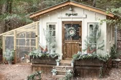 a small white building with potted plants and wreaths on the front door is surrounded by pine trees