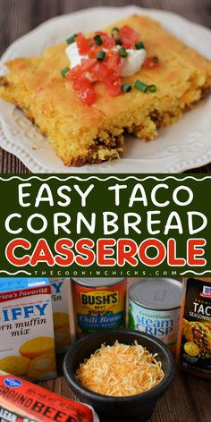 This Easy Taco Cornbread Casserole is so simple to prepare that it is perfect to serve for a quick weeknight dinner. It is made with taco-seasoned ground beef, chili beans, and cheese, all under a layer of Jiffy cornbread. This casserole dish is so savory that it will make you crave more. This easy-to-make dinner recipe is an awesome main course idea you can have! Chili Cornbread Casserole Jiffy Ground Beef, Stuffed Cornbread Casserole, Taco Casserole With Cornbread, Hormel Chili Recipes, Taco Cornbread Casserole Jiffy, Cornbread Taco Bake Jiffy, Jiffy Cornbread Recipes Casseroles, Hamburger Cornbread Casserole, Taco Cornbread Bake