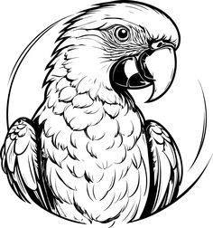 a black and white drawing of a parrot with its beak open in front of a circle