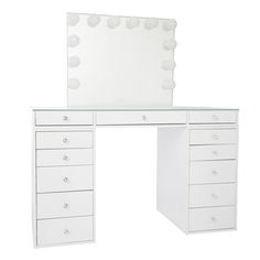 a white dressing table with drawers and a mirror on it's side, against a white background