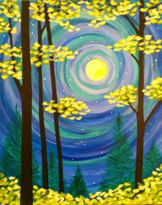 an acrylic painting of trees and the night sky