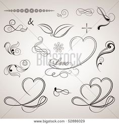 a set of hearts and swirls with the word love