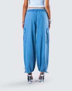 Add a little flare to your closet with these blue denim parachute pants 💙 With a chic yet casual feel, these pants complete with cargo pockets and a smocked waistband are the perfect piece for any occasion where you want to be the best dressed 😚 High Rise Summer Cargo Pants, High Rise Cargo Pants With Pockets For Summer, Casual Wide-leg Flare Jeans With Pockets, Denim Blue Wide-leg Cargo Jeans, Blue Wide-leg Flare Jeans With Pockets, Trendy High-waisted Denim Blue Cargo Jeans, Washed Blue Wide Leg Denim Cargo Pants, Denim Wide-leg Pants With Cargo Pockets, Casual Wide Leg Denim Blue Cargo Pants