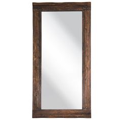 a wooden framed mirror on a white wall