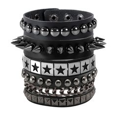 PRICES MAY VARY. Spike Bracelet Set: 4 Pcs Spike cuffs for you, this sophisticated black studded bracelet set is sure to fit. Enjoy, look cool, stylish, and be free! Size Details: Adjustable length from 7 inch to 8. 5";You can adjust the size by changing the snap button place. Handmade Leather Bracelet: All the metal spike are carefully selected, manually installed and manufactured, sturdy and durable without worrying about quality issues. Don't need to worry about the quality issues. Goth acces Spikey Bracelets, Spiked Cuffs, Spike Cuffs, Spiky Bracelet, Six Costumes, Scene Jewelry, Spiked Jewelry, Studded Bracelet, Scene Accessories