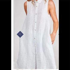 Baci Sleeveless Linen Shirt Dress With Button Down White Sleeveless Shirt Dress For Summer Daywear, Chic Sleeveless Shirt Dress For Vacation, Sleeveless Dress With Buttons, Sleeveless Shirt Dress For Spring Vacation, Sleeveless Buttoned Beach Dress, Sleeveless Beach Dress With Buttons, Sleeveless Shirt Dress For Spring Beach, Sleeveless Button Dress For Beach, Sleeveless Summer Vacation Shirt Dress