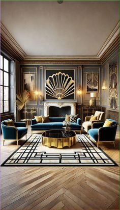 an elegant living room with blue couches and gold accents on the walls, wood flooring