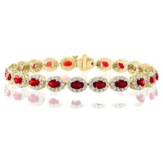 A beautiful Ruby and diamond bracelet showcasing color-rich Rubies, surrounded by a single row of brilliant round diamonds. 22 Oval cut rubies weigh 6.43 carats total; 220 accent diamonds weigh 3.08 carats total. Style is available in different price ranges. Prices are based on your selection. Please contact us for more information. Luxury Ruby Tennis Bracelet In Yellow Gold, Luxury Ruby Bracelets For Festive Occasions, Yellow Gold Ruby Bracelet, Halo Bracelet, Bracelet Tennis, Ruby Bracelet, American Modern, Ruby Diamond, Diamond Halo