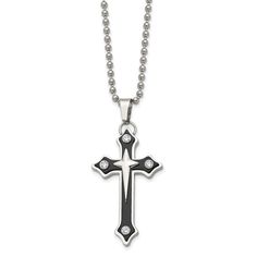 Stainless Steel Black IP-plated Cross with CZ Pendant NecklaceMake a spiritual statement with religious jewelry. Symbolic Black Stainless Steel Necklace, Black Symbolic Cross Pendant Necklace, Gothic Stainless Steel Cross Pendant Jewelry, Spiritual Stainless Steel Jewelry With Oxidized Finish, Black Symbolic Cross Pendant Jewelry, Symbolic Black Cross Pendant Jewelry, Black Spiritual Jewelry With Oxidized Finish, Spiritual Black Jewelry With Oxidized Finish, Gunmetal Cross Metal Jewelry