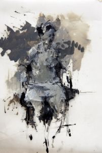 an abstract painting with black and white paint on the wall, depicting a man sitting in a chair