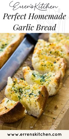 garlic bread on a cutting board with text overlay