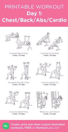 the printable workout guide for chest / back / abs / cardio with instructions