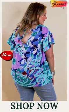 Blue Abstract Floral Print V Neck Plus Blouse Glamour Look, Look Plus Size, Bodycon Floral Dress, Graphic Tank Tops, Abstract Floral Print, Corsets And Bustiers, Stylish Plus, Sweater Dress Midi, Long Crop Top