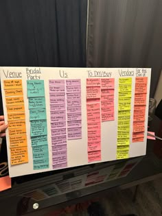 Post it notes in different colors under different categories - venue, Us, bridal party, to do/buy, vendors and for the day of. Wedding To Do List Board, Wedding Diy List, How To Organize A Wedding, Wedding Board Ideas Planners, How To Plan Wedding