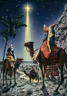 the nativity scene with three wise men on camels