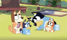 three cartoon dogs laying on the ground with one looking at another dog's ear